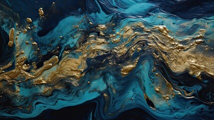 Fototapeta na wymiar Elegant Blue and Gold Luxury: Magic Acrylic Paint Waves with Glistering Glitter Effect Wallpaper Art: Generative AI
