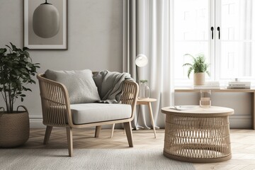 Fototapeta na wymiar Scandinavian living room mock up with rattan armchair and wooden table against a bright background. Generative AI
