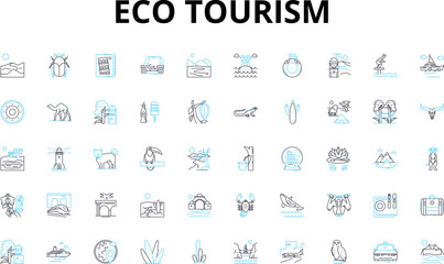 Eco tourism linear icons set. Sustainable, Wildlife, Adventure, Green, Preserve, Conservation, Nature vector symbols and line concept signs. Ecological,Responsible,Biodiversity Generative AI