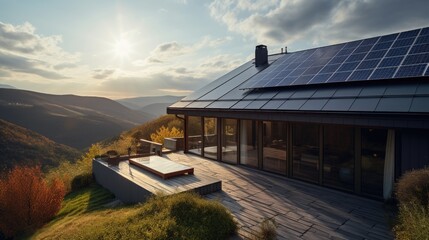 Residential rooftop solar panel system set against the stunning backdrop of a mountainous countryside vista. Generative AI