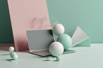 Minimal abstract background with laptop and geometric objects in soft colors. Generative AI