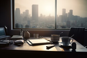 Illustration of a desk, armchair, laptop, and mug in front of a cityscape. Generative AI