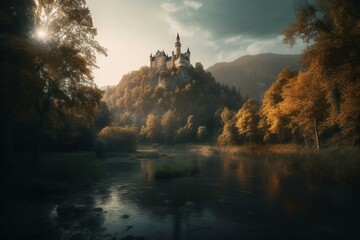 A mystical landscape with towering trees, winding rivers and a grand castle in the distance. Generative AI
