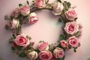 Circular frame with pink vintage roses illustration. Generative AI