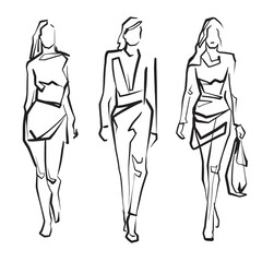 Fashion models. Line Drawing Illustration of Young Woman