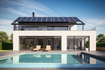 A modern house equipped with solar panels and a pool represents a sustainable and luxurious lifestyle, combining the use of renewable energy with the enjoyment of outdoor leisure activities.