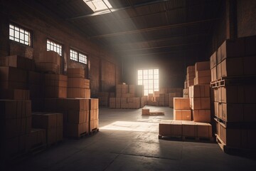 Concept of warehouse or delivery. Background with cardboard boxes. Generative AI