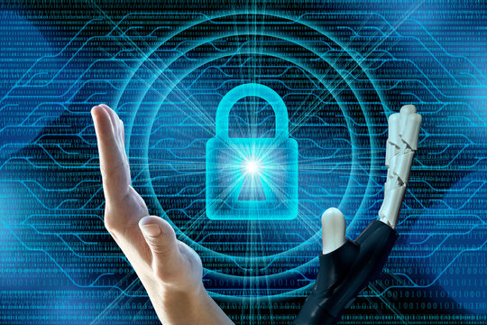 AI security concept. Plastic android robot arm and human hand, artificial intelligence technology hologram lock, futuristic augmented reality background.