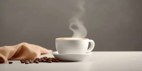 Cup of coffee and coffee beans on light  background. AI generated