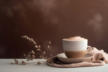 Cup of coffee latte on brown background. AI generated