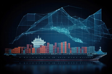The transportation of import and export freight through container ships is vital in global business logistics. Big data visualization and abstract graphics, including a globe and charts, enable effect