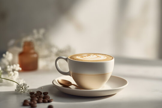 Cup of coffee latte and coffee beans on light  background. AI generated