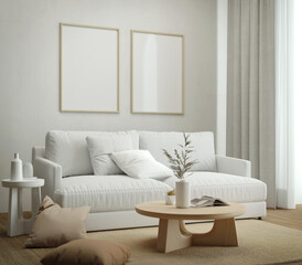 Fototapeta na wymiar Picture frame mock up in white living room with sofa and table.3d rendering