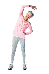 Isolated senior woman, training or stretching arm for muscle development, fitness or portrait with smile. Elderly female model, happiness or excited for anatomy wellness by transparent png background