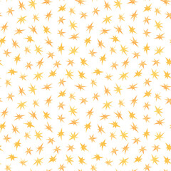 A lot of watercolor yellow stars as seamless pattern on white backgound.Print bithday, b-day,christmas, new year cards,invitations.Aquarelle design elements