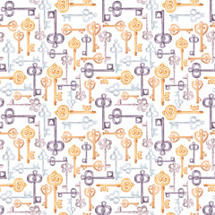 Watercolor seamless pattern with multicilored metal old fashioned vintage style keys on white background.Aquarelle design for print wrapper, fabric, cards