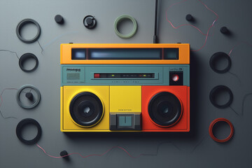 retro vintage audio cassette with pastel colors, 80s mood, on grey background, generative ai illustration
