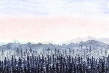 Hand drawn watercolor forest lanscape mock up in grey and pink tones with copy space. Iillustration of coniferous wood and mountains. Design elements.