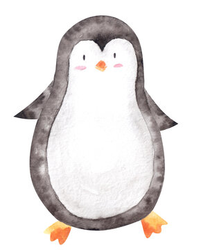 Hand drawn watercolor funny cute penguin as kids illustration