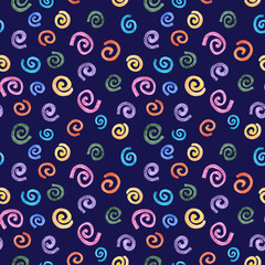 Hand drawn watercolor seamless pattern with multicolored spiral round confetti as festival carnival bithday party background.Colorful backdrop on blue
