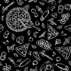 Hand illustrated seamless pattern with pepperoni pizza slices, round on a tray, tomatoes, salami, basil and garlic.Handwritten word "pepperoni pizza".Fast street food background.