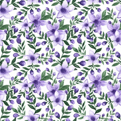 Floral hand drawn watercolor seamless endless pattern with lots of beautiful violet purple colored flowers with green leaves and buds as aquarelle element for print fabric, cards, textile.Isolated on 
