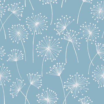 Hand drawn painted botanical seamless pattern with white line art dandelion. Floral minimalistic lighr blue background with spring summer flowers.