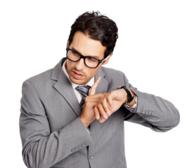 Time, listening and a business man with a broken watch isolated on a transparent background. Late, appointment and delay with a young male employee looking worried while checking a wristwatch on PNG