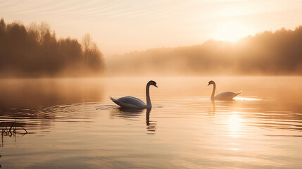 Swans Over Lake At Sunrise, generative ai