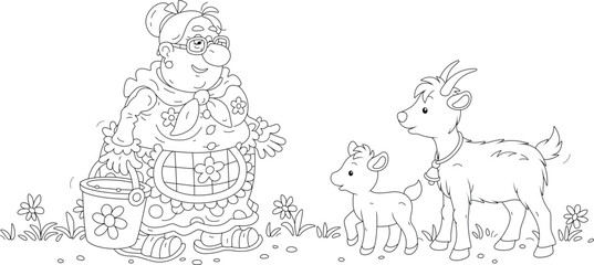 Funny granny with a bucket of food going to feed her cute goat and a merry goatling in a yard of a home farm, black and white outline vector cartoon illustration for a coloring book