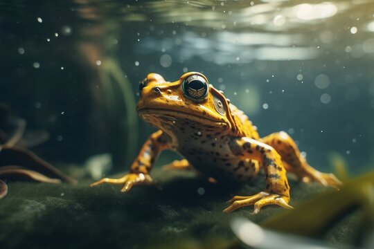 Illustration of a yellow frog swimming underwater in exotic location. Generative AI