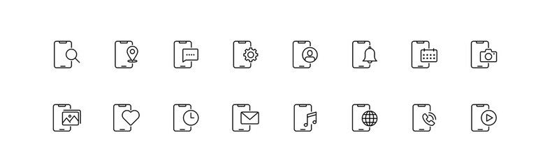 Mobile phone vector icon set with different functions in outline style in black color. 