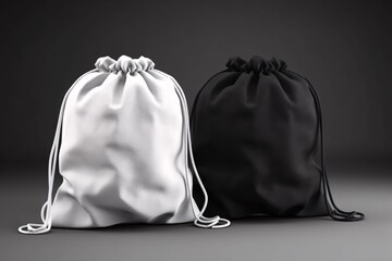 White black backpack bag on a rope. Sport bag mockup on gray wall background. Mock up Template for custom design. Generative Ai.