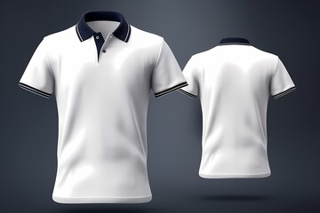 White short sleeve polo shirt with navy in placket and jumper, short in front, long in back hem design on dark background Front, back view. Mock up Template. Generative Ai.