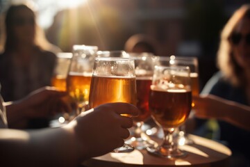 Wineglasses and beers in hands close up, people drinking and toasting in a outdoors bar. Generative AI 