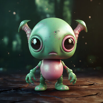 A green alien with two antennas on its head and big tummy, standing on a rocky surface, generative AI