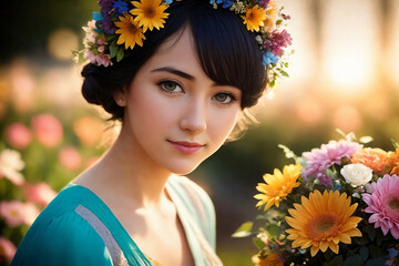 Portrait of a woman with bouquet of flowers in a garden. Generative AI.