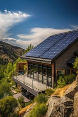 Residential rooftop solar panel system set against the stunning backdrop of a mountainous countryside vista. Generative AI