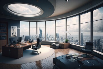 Modern office interior with panoramic city view