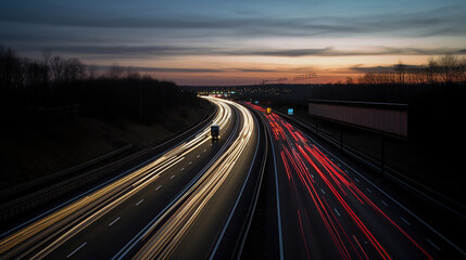 Long exposure photo of traffic on the move at dusk on motorway, generative ai