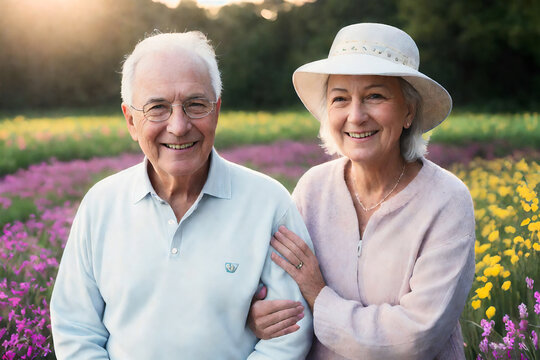 Cute senior couple laughing, walking together outdoors. Concept of active age. Generative AI