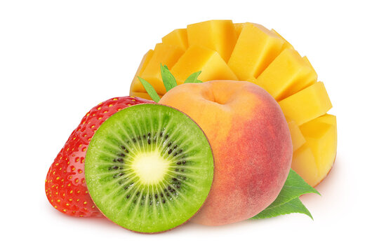 Multifruit. Strawberry, mango, kiwi and peach on an isolated white background. Fresh fruits.