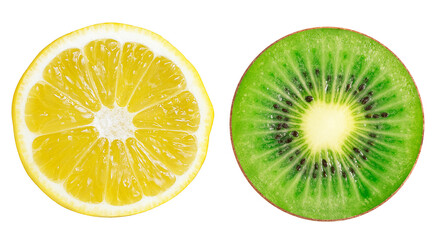 Lemon, kiwi. Slices isolated on white background. Collection.