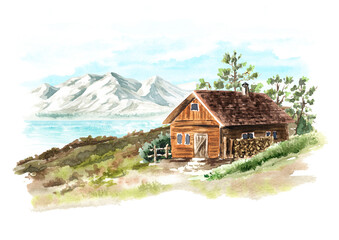 Cozy country house on the river bank. Hand drawn watercolor illustration,  isolated on white background