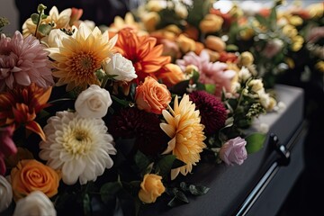 Grief Eternalized: Funeral Flowers Mark Memorial Service for Loss of Loved One. Generative AI - obrazy, fototapety, plakaty