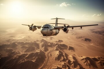 Fototapeta na wymiar Advanced cargo aircraft soaring above arid world. Generative AI