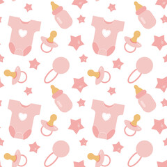 Baby care pink accessories seamless pattern. Bottle, dress, stars, rattle and nipple.