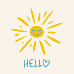 Hello hand drawn lettering. Cute sun in groovy style. Stylish design for postcard, posters, greeting card and social media. Vector illustration isolated color drawing
