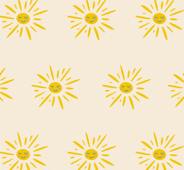 Hand drawn cute sun pattern in groovy style. Stylish design for wallpaper, phone covers and social media.