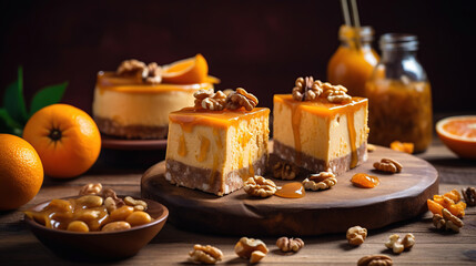 Pieces of delicious caramel cheesecake with walnuts and orange served on wooden table, generative ai